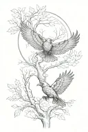 trees and a flying raven with outstretched wings tattoo design idea