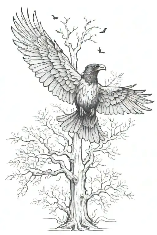 trees and a flying raven with outstretched wings tattoo design idea