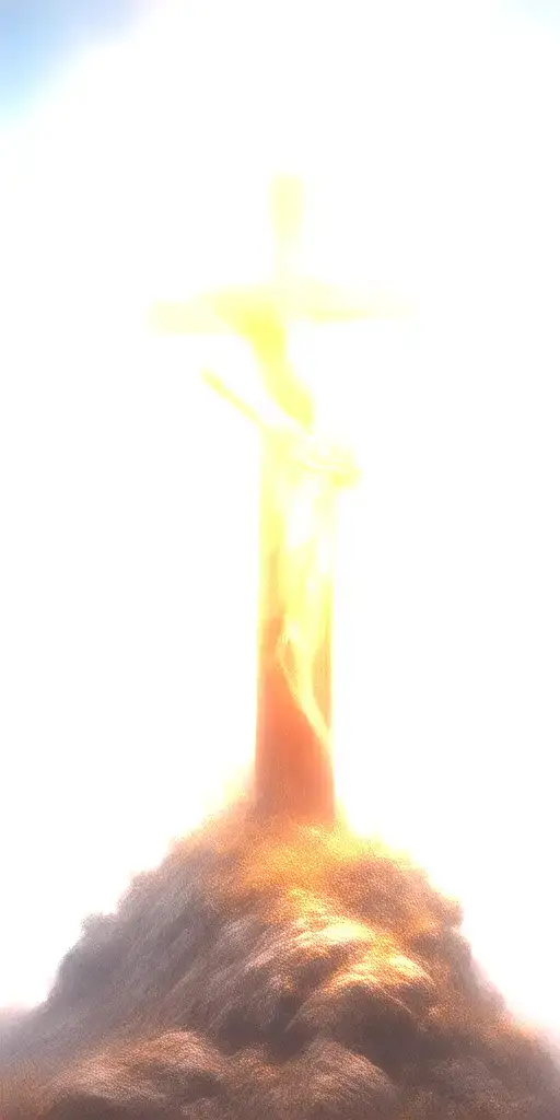 christian cross summit of a mountain landscape ray of sunshine, hyper realistic portrait of Jesus Christ, add clouds tattoo design idea