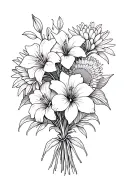 flower bouquet fine line with tiger lily's morning glories and Chrysanthemums tattoo design idea