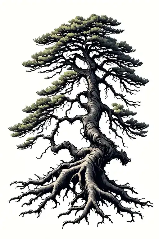 pine tree with root growing tattoo design idea