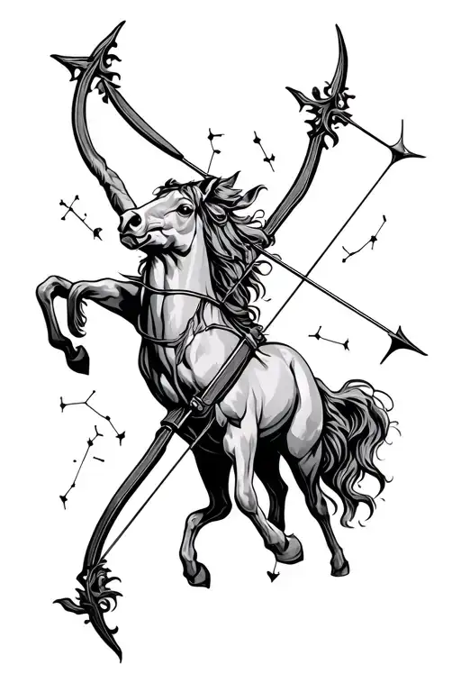 A bow and arrow with a Sagittarius constellation or centaur motif, symbolizing adventure and ambition. tattoo design idea