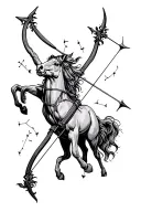 A bow and arrow with a Sagittarius constellation or centaur motif, symbolizing adventure and ambition. tattoo design idea