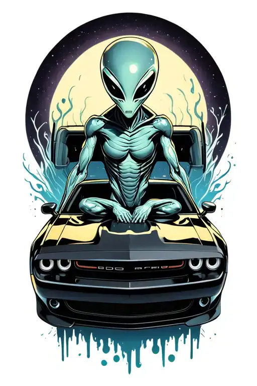 an alien sitting inside of a black dodge challenger car tattoo design idea