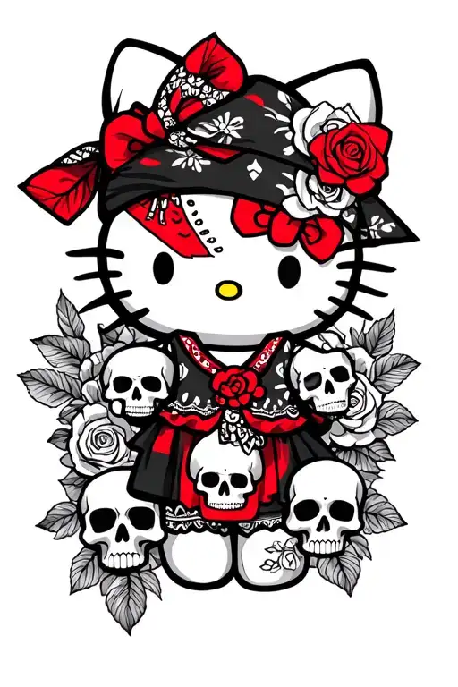 A Chola Hello Kitty with a bandana surrounded by skulls and roses tattoo design idea