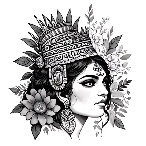 Aztec princess with crown and flowers tattoo design idea