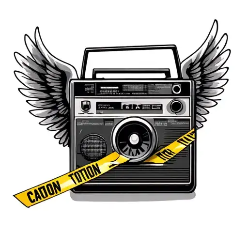 caution tape recorder with wings tattoo design idea