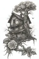 abandoned house, tree roots, roses, broken chains tattoo design idea