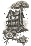 abandoned house, tree roots, roses, broken chains tattoo design idea