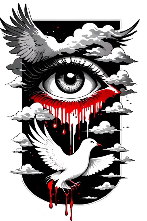 eye crying blood with clouds and a dove  tattoo design idea
