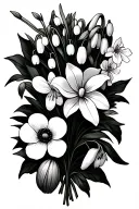 bouquet with snowdrop, lily of the valley, poppy, narcissus & honeysuckle  tattoo design idea