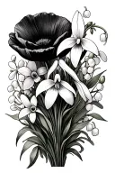 bouquet with snowdrop, lily of the valley, poppy, narcissus & honeysuckle  tattoo design idea
