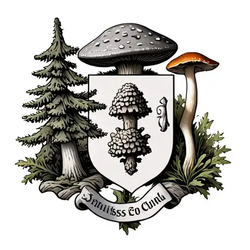 Swiss coat of arms. On the left a stone mushroom and fir. on the right morel and chanterelles tattoo design idea