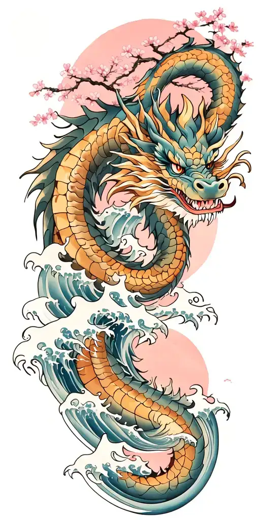 A fierce blue dragon emerging from the ocean waves with cherry blossom trees in the background on a black backrgound tattoo design idea
