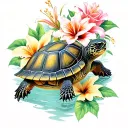 turtle with lilies,roses and hibiscus flower surrounded tattoo design idea