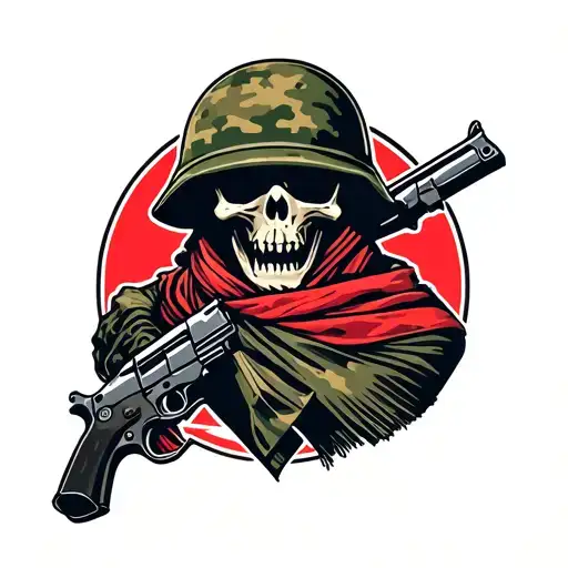 a reaper with a soldier helmet on and he has a camo bandanna wrapped around his shoulder and he is holding a gun  tattoo design idea