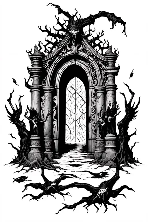 gates of hell with falling souls  tattoo design idea