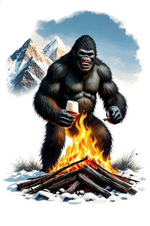 realistic Bigfoot who looks strong roasting a marshmallow on a open fire with a sheepish grin. background ama dablam tattoo design idea