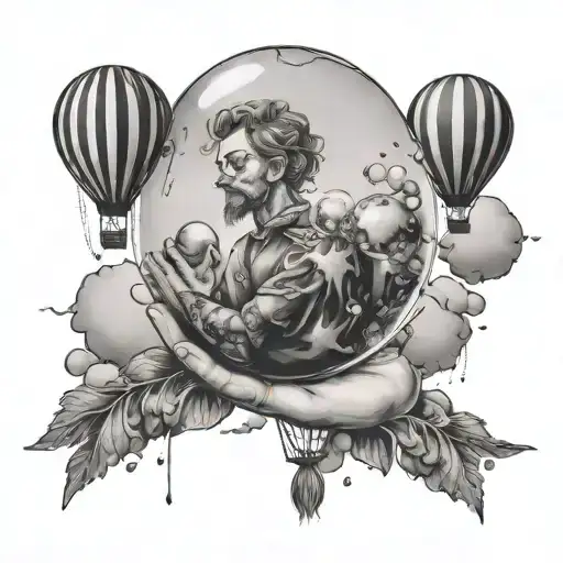 A budtender holding a crystal ball filled with bubbles, surrounded by flying hot air balloons tattoo design idea