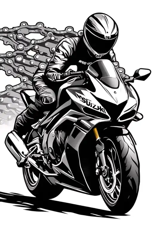 suzuki hayabusa on winding road with chain .sprockets, music playing red highway background tattoo design idea