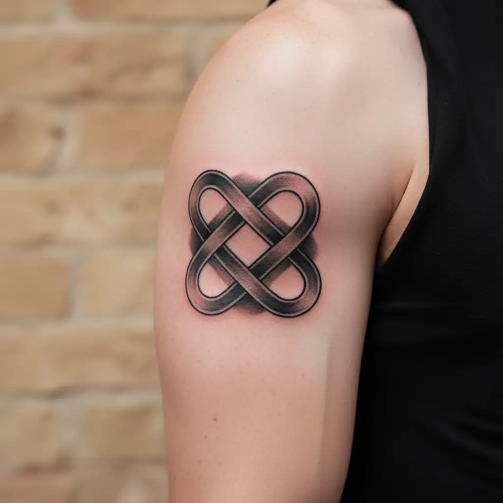 A Minimal Symbol Combo:⚖️ (balance, 2)♾️ (infinity, 8)🏃‍♂️ or 🛡️ (action or leadership) tattoo design idea