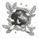 clouds with stars and doves flying through lighting tattoo design idea