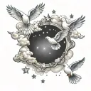 clouds with stars and doves flying through lighting tattoo design idea