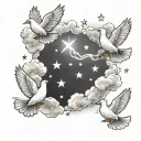clouds with stars and doves flying through lighting tattoo design idea