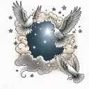 clouds with stars and doves flying through lighting tattoo design idea