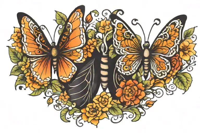 half butterfly half flowers intertwined tattoo design idea