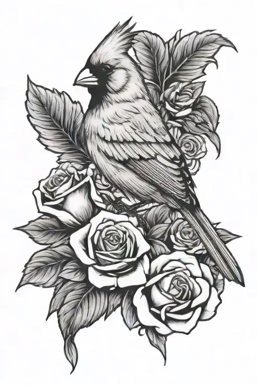 cardinal perched on roses memorial piece tattoo design idea