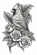cardinal perched on roses memorial piece tattoo design idea