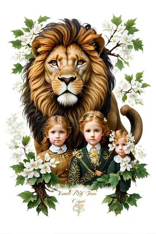 czech double tailed lion as husband, czech linden tree, hungarian wife and two linden blossom as two children tattoo design idea