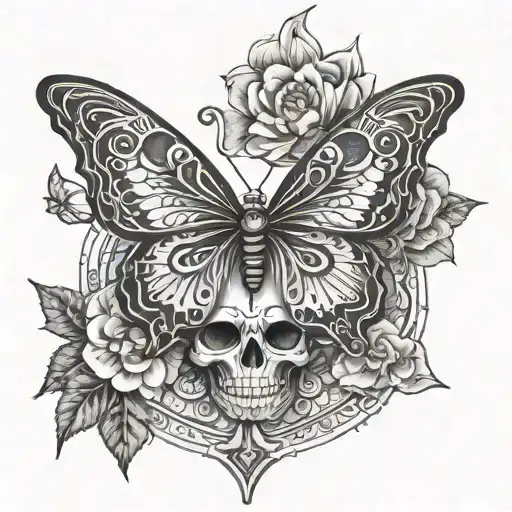mandala, butterfly with skull tattoo design idea