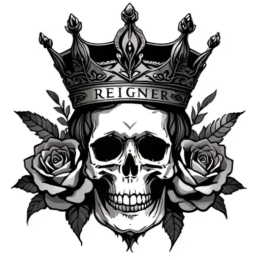 a crown, roses and skull, written REIGNERS tattoo design idea
