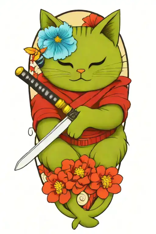 japanese tradiotional style, samurai cat holding a katana, water splashing, ltus flower, sakura flower, peony flower, cl tattoo design idea