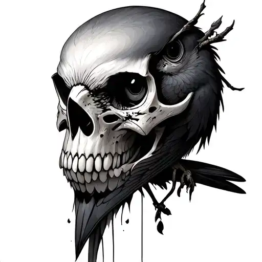 bird skull and robin bird decay tattoo design idea