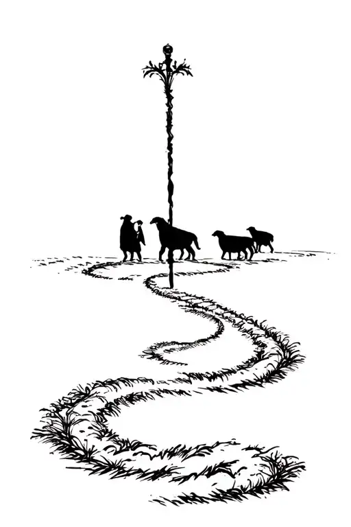 A winding path starting from the wrist with a shepherd’s staff standing tall in the middle. Silhouettes of sheep walking tattoo design idea