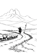 A winding path starting from the wrist with a shepherd’s staff standing tall in the middle. Silhouettes of sheep walking tattoo design idea