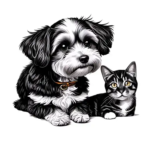 cockapoo dog and two cats looking and two sons and a husband tattoo design idea