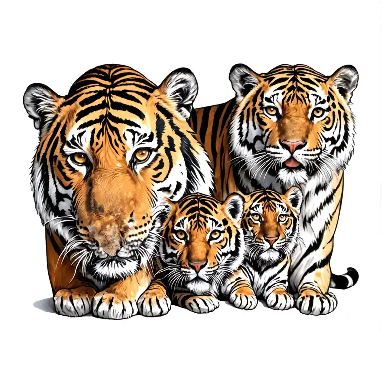 Male tiger next to female tiger with 3 small tiger cubs below tattoo design idea