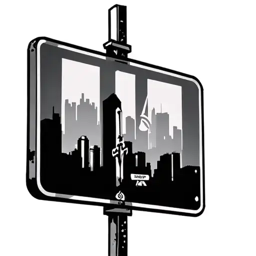 street sign in a city skyline in the background crossroads  tattoo design idea