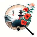 makes a traditional fan with the Namsan Tower, hibiscus flowers and a Korean knot Maedup tattoo design idea