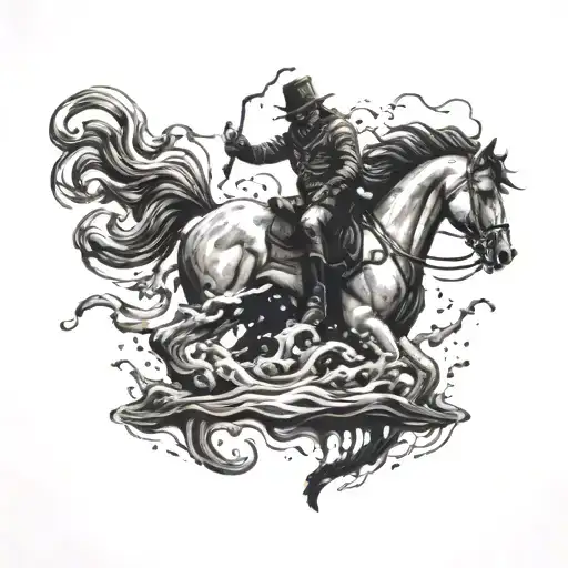 A horse nose planting into a puddle, Headless Horseman riding Him holding up a medusa head tattoo design idea