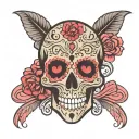 Dia de los muertos black skull with designs in red, pink and purple tattoo design idea