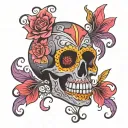 Dia de los muertos black skull with designs in red, pink and purple tattoo design idea