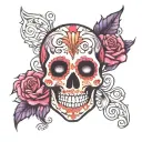 Dia de los muertos black skull with designs in red, pink and purple tattoo design idea