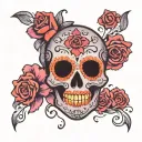 Dia de los muertos black skull with designs in red, pink and purple tattoo design idea