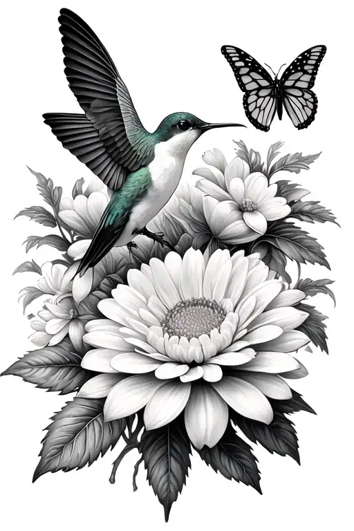 hummingbird, chrysanthemum flowers, monarch butterflies tattoo design idea