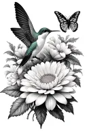 hummingbird, chrysanthemum flowers, monarch butterflies tattoo design idea